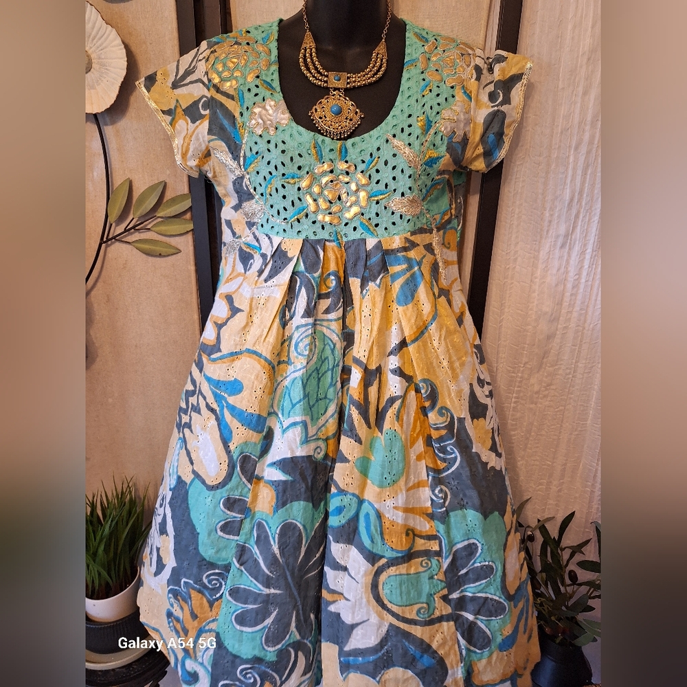 Floral Embroidered Dress in Blue and Yellow
